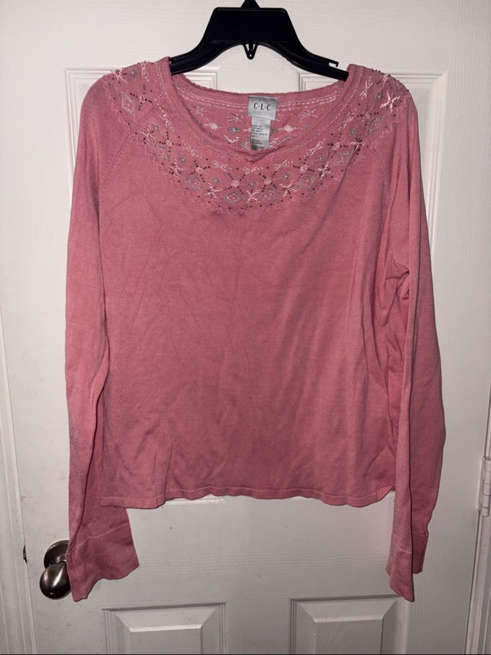 C•L•C Pink Embellished Lace Yoke Long Sleeve Top